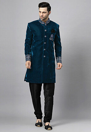 Embroidered Velvet Sherwani in Teal Blue