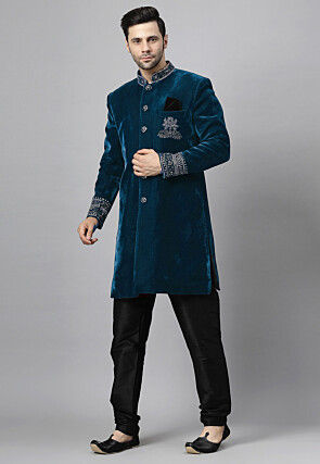 Embroidered Velvet Sherwani in Teal Blue