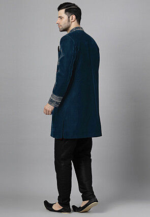 Embroidered Velvet Sherwani in Teal Blue