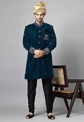 Embroidered Velvet Sherwani in Teal Blue