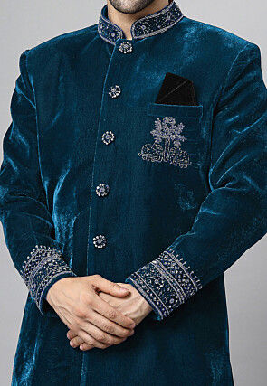 Embroidered Velvet Sherwani in Teal Blue