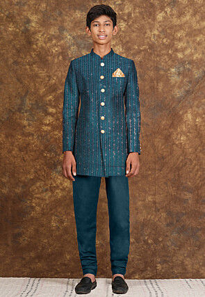 Embroidered Velvet Sherwani in Teal Blue