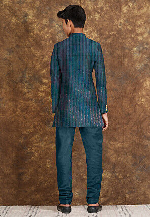 Embroidered Velvet Sherwani in Teal Blue