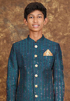 Embroidered Velvet Sherwani in Teal Blue