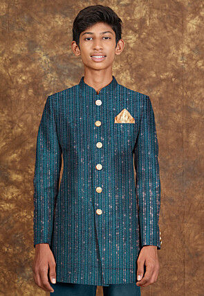 Embroidered Velvet Sherwani in Teal Blue