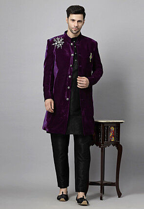 Embroidered Velvet Sherwani in Wine and Black