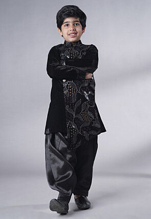 Embroidered Velvet Sherwani Set in Black