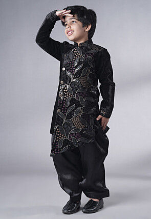 Embroidered Velvet Sherwani Set in Black