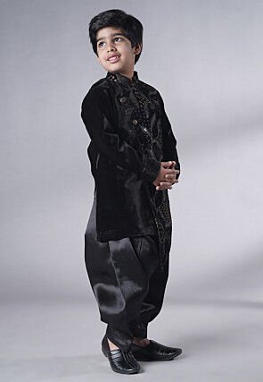 Embroidered Velvet Sherwani Set in Black
