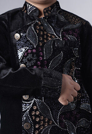 Embroidered Velvet Sherwani Set in Black