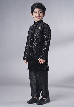 Embroidered Velvet Sherwani Set in Black