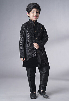 Embroidered Velvet Sherwani Set in Black