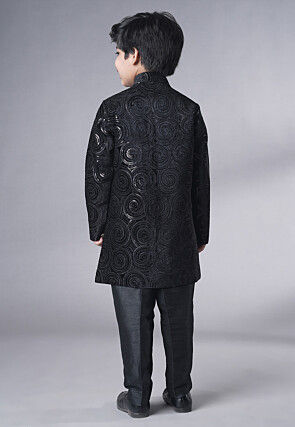 Embroidered Velvet Sherwani Set in Black