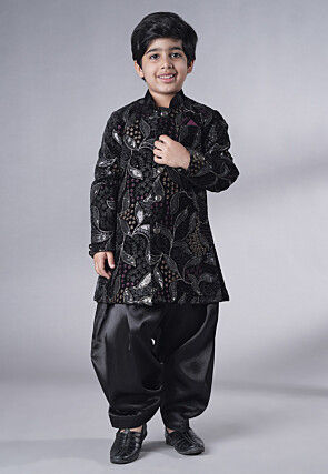 Embroidered Velvet Sherwani Set in Black