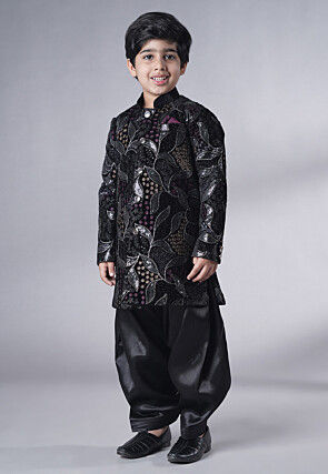 Embroidered Velvet Sherwani Set in Black