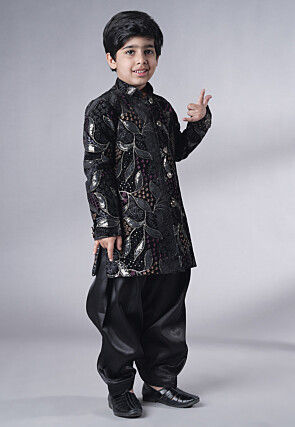 Embroidered Velvet Sherwani Set in Black