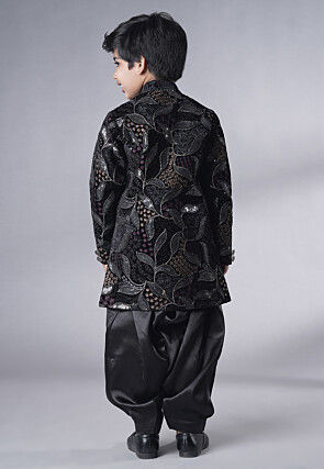 Embroidered Velvet Sherwani Set in Black