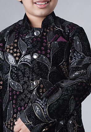 Embroidered Velvet Sherwani Set in Black