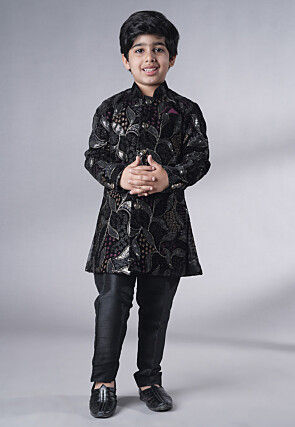 Embroidered Velvet Sherwani Set in Black