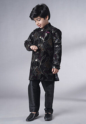 Embroidered Velvet Sherwani Set in Black