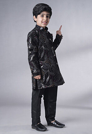 Embroidered Velvet Sherwani Set in Black