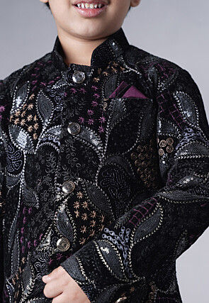 Embroidered Velvet Sherwani Set in Black