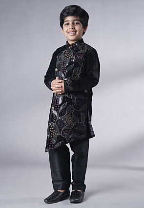 Embroidered Velvet Sherwani Set in Black