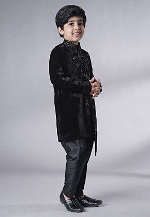 Embroidered Velvet Sherwani Set in Black