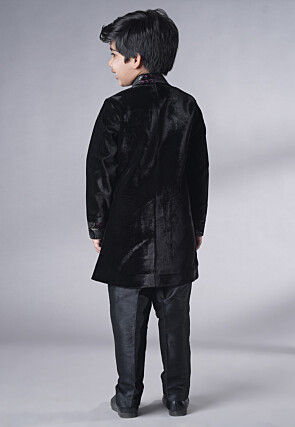 Embroidered Velvet Sherwani Set in Black