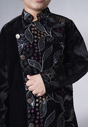 Embroidered Velvet Sherwani Set in Black