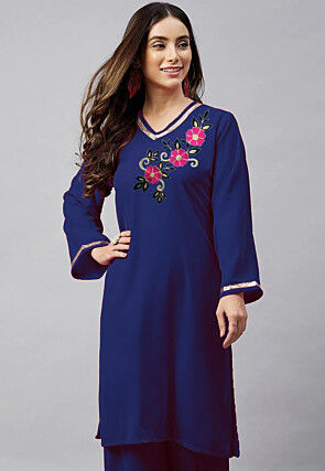 Embroidered Velvet Straight Kurta in Royal Blue