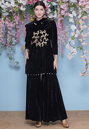 Embroidered Velvet Straight Kurta Set in Black