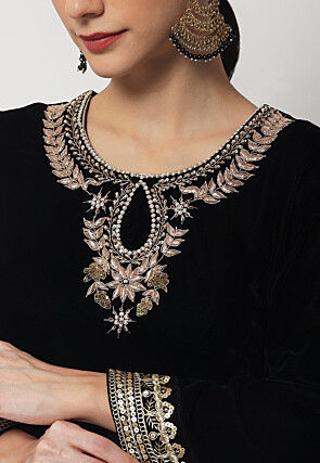 Embroidered Velvet Straight Kurta Set in Black