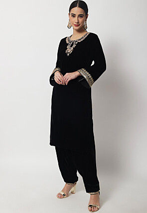 Embroidered Velvet Straight Kurta Set in Black