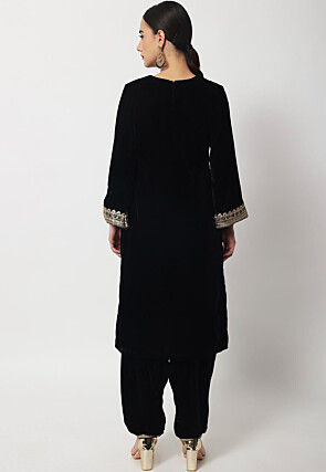 Embroidered Velvet Straight Kurta Set in Black