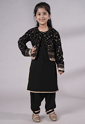 Embroidered Velvet Straight Kurta Set in Black