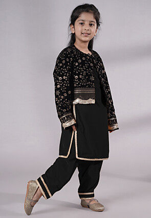 Embroidered Velvet Straight Kurta Set in Black