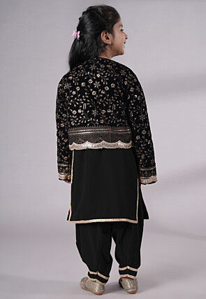 Embroidered Velvet Straight Kurta Set in Black