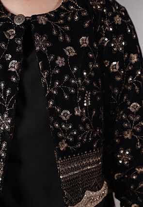 Embroidered Velvet Straight Kurta Set in Black