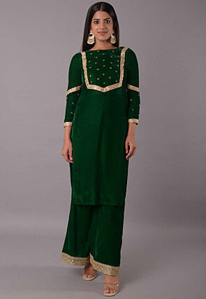 Embroidered Velvet Straight Kurta Set in Dark Green