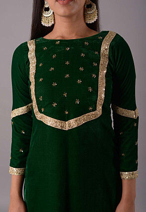 Embroidered Velvet Straight Kurta Set in Dark Green