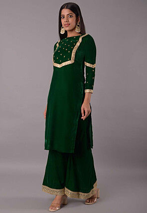 Embroidered Velvet Straight Kurta Set in Dark Green