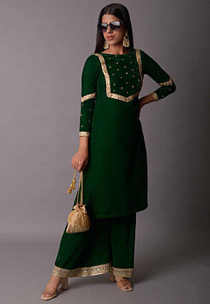 Embroidered Velvet Straight Kurta Set in Dark Green