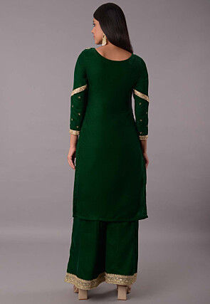 Embroidered Velvet Straight Kurta Set in Dark Green
