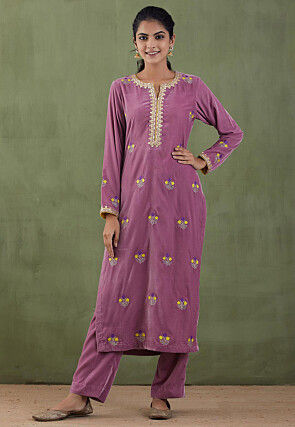 Embroidered Velvet Straight Kurta Set in Light Purple