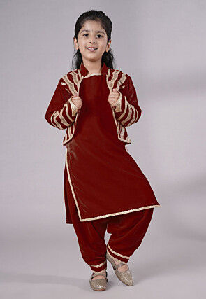 Readymade Embroidered Velvet Straight Kurta Set in Maroon