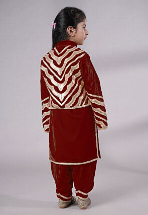 Readymade Embroidered Velvet Straight Kurta Set in Maroon