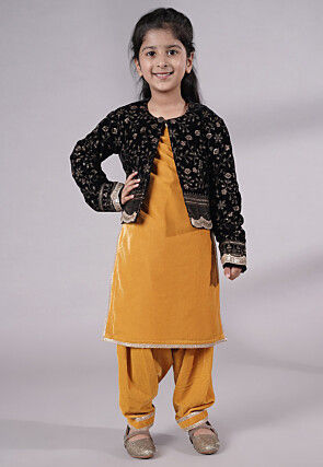 Embroidered Velvet Straight Kurta Set in Mustard