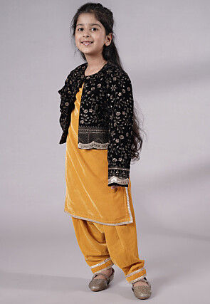 Embroidered Velvet Straight Kurta Set in Mustard