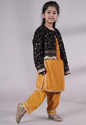 Embroidered Velvet Straight Kurta Set in Mustard